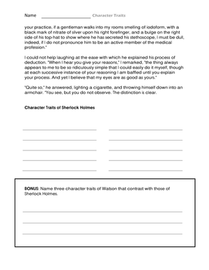 Character Traits of Sherlock Holmes Worksheet