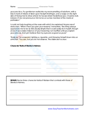 Character Traits of Sherlock Holmes Worksheet