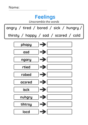 Unscramble the Words | Feelings Worksheet for Kids