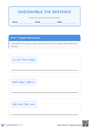 Unscramble the Sentence Worksheet | Grade 1 Printable