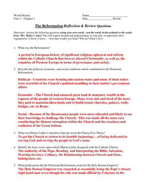 Renaissance & Reformation: A Reflection Worksheet