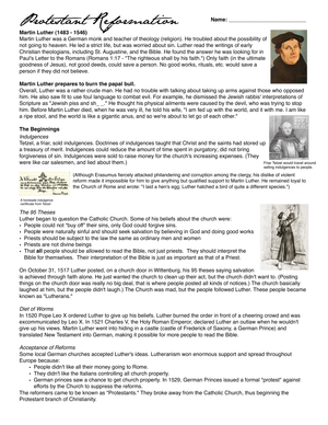 Reformation Worksheet: Exploring Historical Change