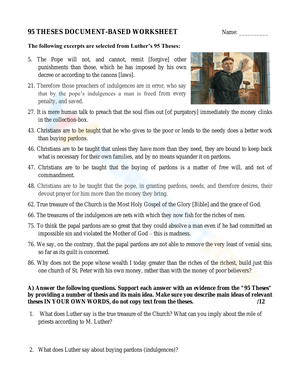 95 Theses: Document-Based Analysis Worksheet