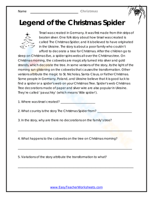 The Legend of the Christmas Spider Worksheet