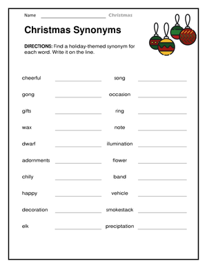 Christmas Synonyms Vocabulary Worksheet