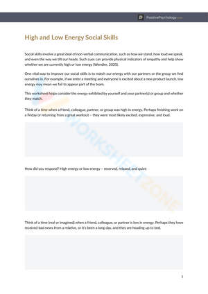 High and Low Energy Social Skills Worksheet
