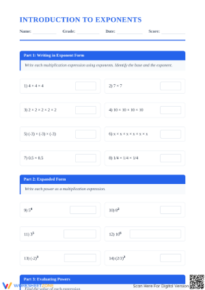 Printable Introduction to Exponents Worksheet | Grade 8 Math
