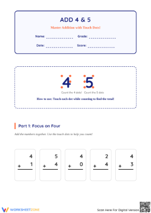 Addition 4-5 with Touch Dots Practice Worksheet


