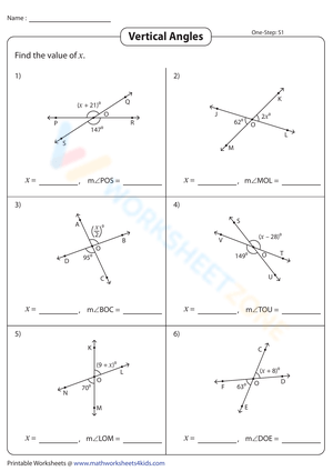 Vertical Angles Practice Worksheet (One-Step)