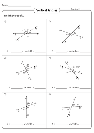 Vertical Angles Practice Worksheet (One-Step)