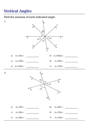 Vertical Angles: Find the Measure of Each Angle Worksheet