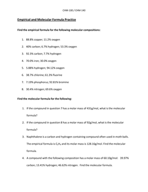Worksheet: Empirical and Molecular Formula Practice