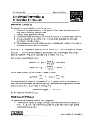 Worksheet to Update Skills on Empirical Formulas