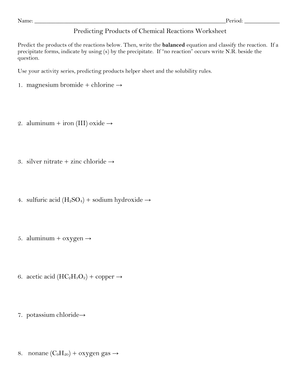 Predict Products of Chemical Reactions Worksheet