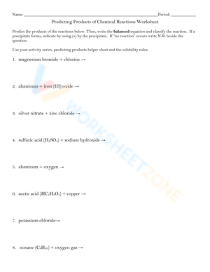 Predict Products of Chemical Reactions Worksheet
