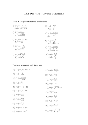 Practice Inverse Functions: Comprehensive Exercises