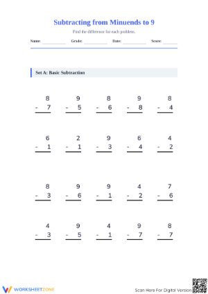 Essential 1-Digit Subtraction Printable Worksheet Set