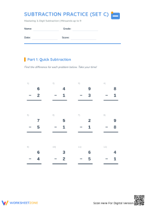 Essential 1-Digit Subtraction Practice Worksheet | Grade 2-3