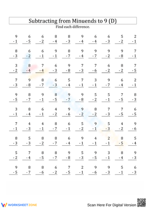 Subtracting from Minuends to 9 Worksheet