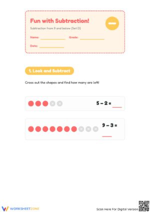 Printable Subtraction within 10 Worksheet | Grade 1 Math