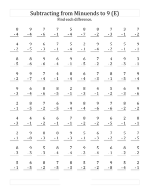 Subtracting from Minuends to 9 Worksheet