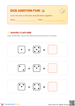 Printable Dice Addition Worksheet | Kindergarten Math
