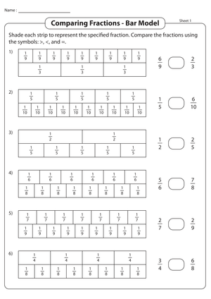 Bar Model: Comparing Fractions Worksheet