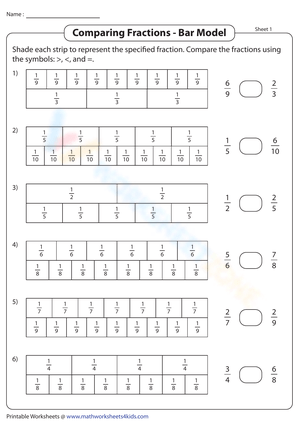 Bar Model: Comparing Fractions Worksheet