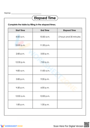 Elapsed Time Worksheet for Time Practice
