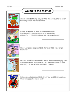 Elapsed Time Worksheet for Kids | Movie Time Practice