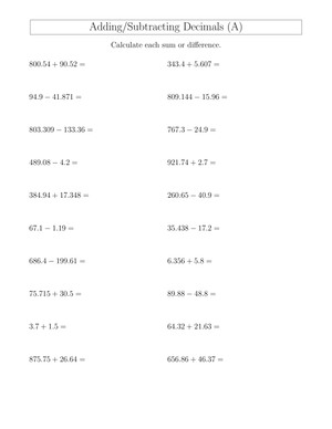 Adding Subtracting Decimals Worksheet