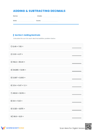 Printable Adding and Subtracting Decimals Worksheet