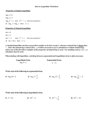 Introduction to Logarithms Worksheet