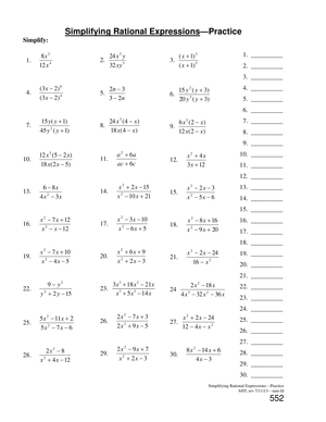 Simplifying Rational Expressions Worksheet