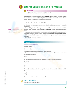 Solving Literal Equations and Formulas