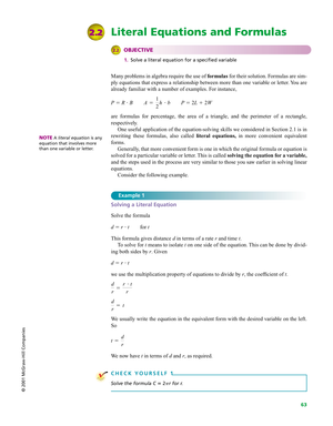 Solving Literal Equations and Formulas
