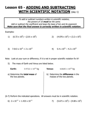 Adding and Subtracting Scientific Notation Worksheet
