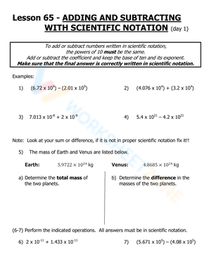 Adding and Subtracting Scientific Notation Worksheet