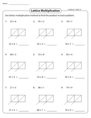Lattice Multiplication 2-Digit by 1-Digit Worksheet