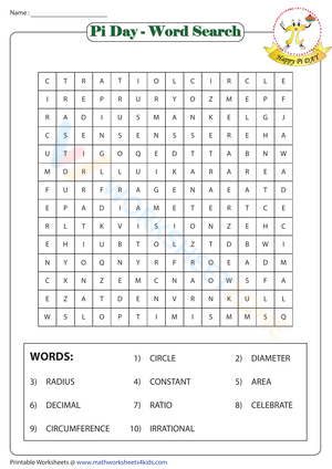 Pi Day Word Search Worksheet