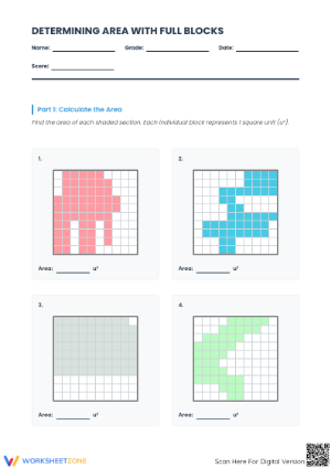 Printable Area with Shaded Blocks Worksheet | Grade 7-8 Math