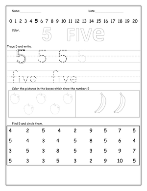 Tracing Number 5 Practice Worksheet