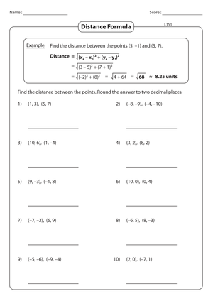 Finding Distance Between Two Points Math Worksheet