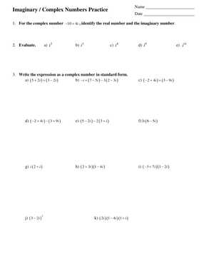 Imaginary and Complex Numbers Practice