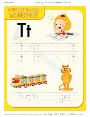 Train and Tiger Letter T Tracing Worksheet