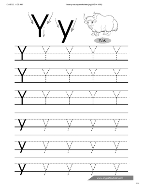 Printable Letter Y Tracing Worksheet | Kindergarten English