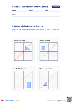 Printable Reflecting in Diagonal Lines Worksheet | Grade 8