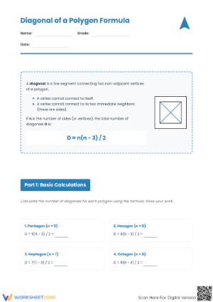 Essential Diagonal of a Polygon Formula Worksheet | Grade 7