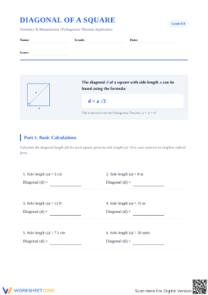 Printable Diagonal of a Square Worksheet | Grade 8 Geometry