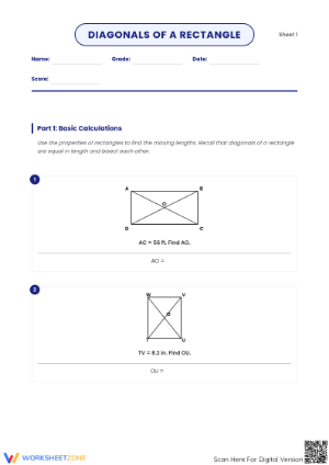 Essential Diagonals of a Rectangle Worksheet | Grade 7-9